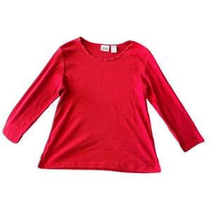 Red long sleeve top with beaded neckline